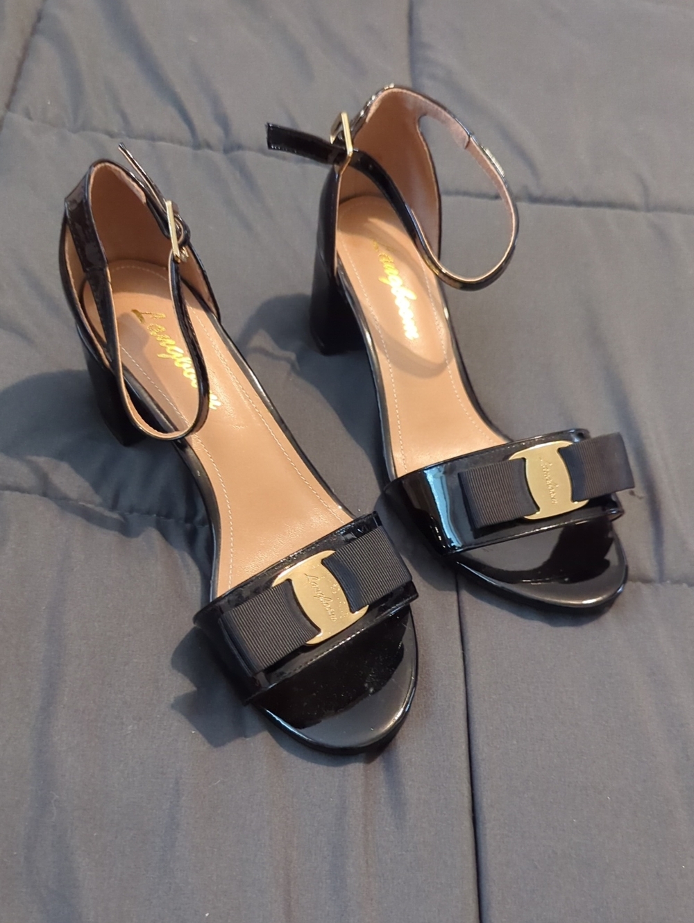Black Patent Ankle-Strap Block Heels with Bow Accent